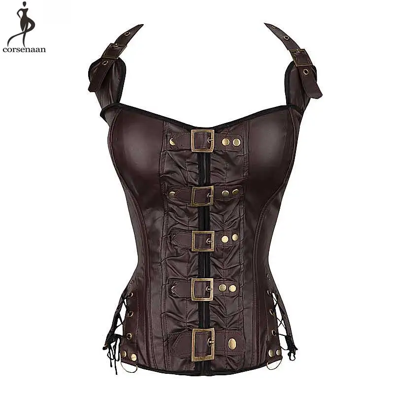 

Coffee Halterneck Corset Women Outwear Boned Corsets Sexy Overbust Gothic Sexy Synthetic Leather Bustier Steampunk Korse Gstring