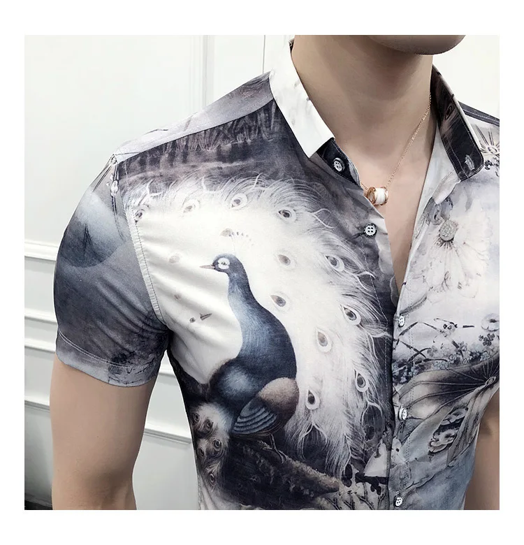 Английские мужские рубашки в стиле барокко с коротким рукавом, повседневные приталенные рубашки, летние рубашки с павлином, уличная Клубная рубашка-смокинг