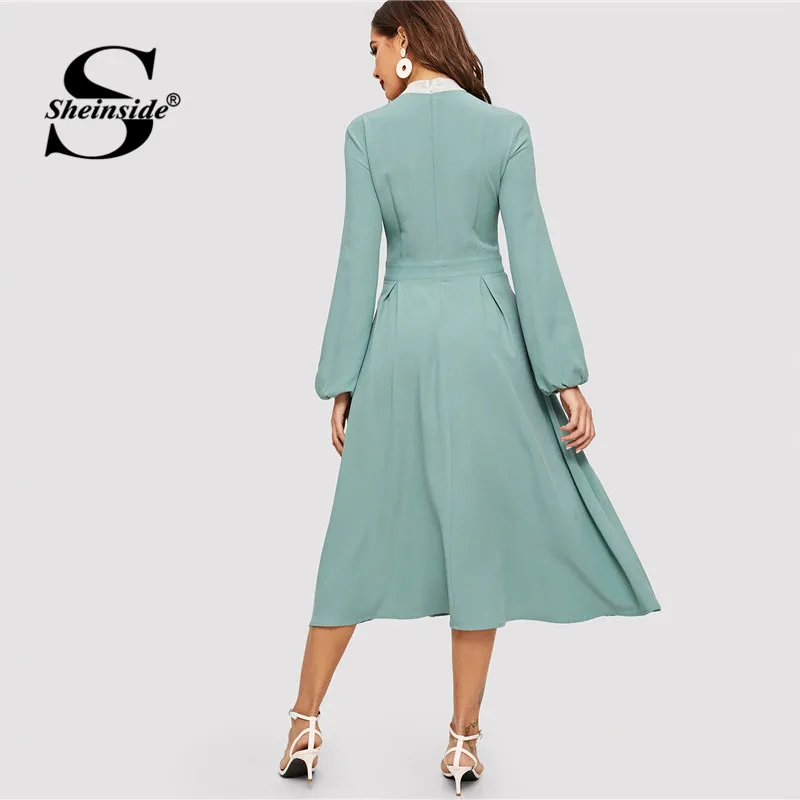 Sheinside تعادل التباين النير مربع مطوي اللباس عالية الخصر أسقف كم خط فستان طويل 2019 الربيع أنيقة إمرأة فساتين