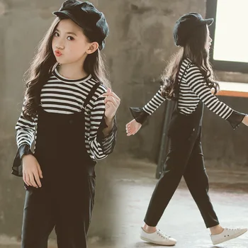 

Girls Clothing Set 4-12 Y Autumn Hoodless Stripe T-shirt 2 PCS Set (Tee Top+ Bib Pant) Fashion Korean Style Spring T-shirt Suits