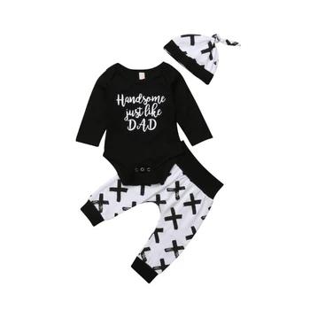 

Newborn Baby Boys Cotton Romper Clothes Set Black Long Sleeve Jumpsuit Tops+Long Printed Pants Leggings+Hat New Outfits Clothes