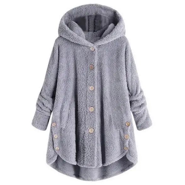 Winter New Fashion Women Fleece Hooded Europe American Button Warm Hooded Irregular Solid Color Coat 10 Colors - Color: Gray