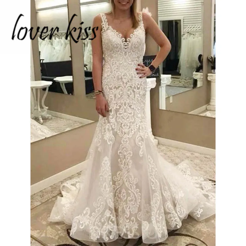 

Lover Kiss Vestido De Noiva Luxury Slim Beach Mermaid Wedding Dresses With Straps Lace And Tulle Bridal Gowns Sexy robe de marie