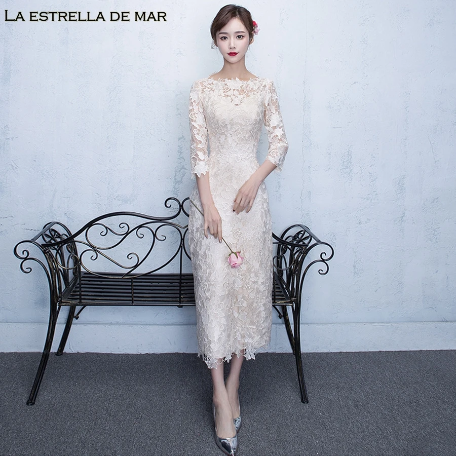 

Gaun pesta dewasa2021 new Scoop neck lace long sleeve champagne sexy mermaid bridesmaid dress Tea-Length wedding party dress
