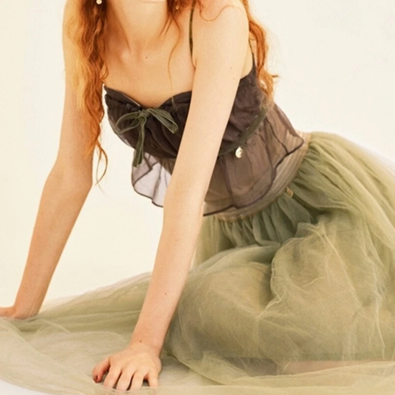 Spilt Type Skirt 2018 Prairie Chic Voile Camping Elastic Bow Splice Color Mid-Calf Ball Gown Dreamy Classical Ballet Dress Women's Sets