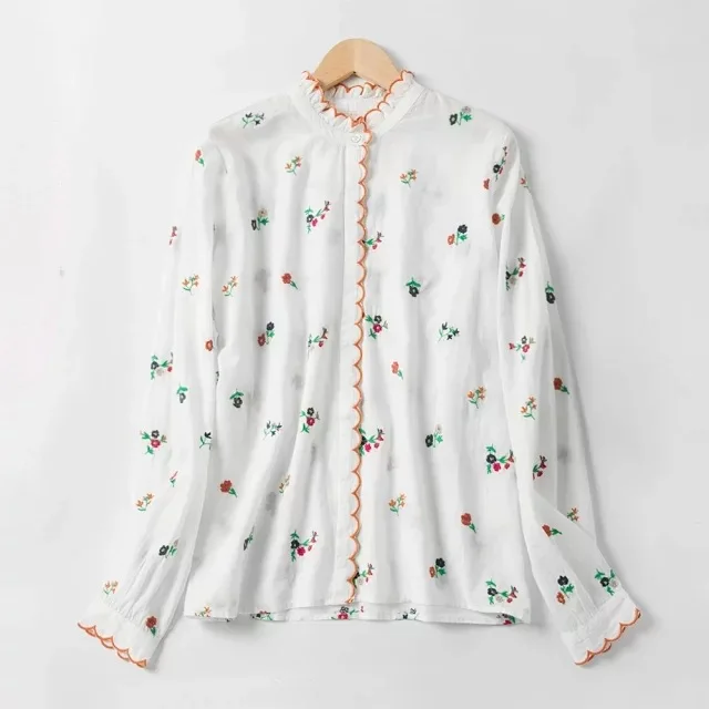 

Women Shirt 2019 Summer New Fungus Lace Collar Small Flower Embroidered Long Sleeve Shirt