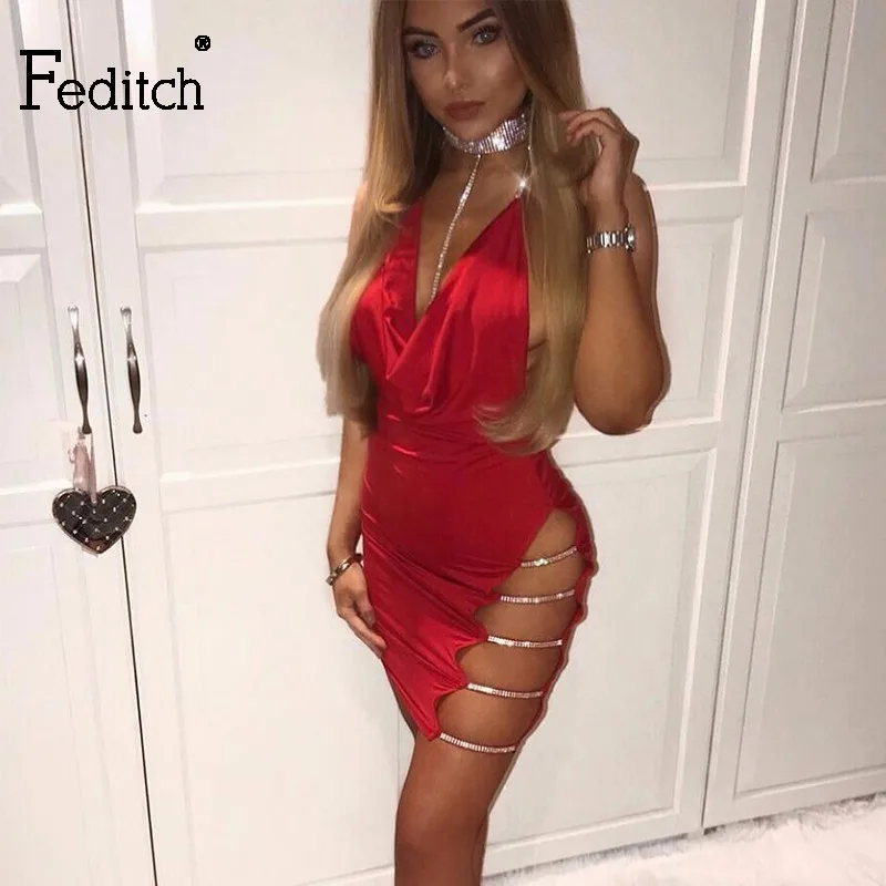 

Feditch 2019 New Sexy Bandage Women Party Dress Fashion Chain Backless Dress Women Evening Clubwear Elegant Lady Vestidos