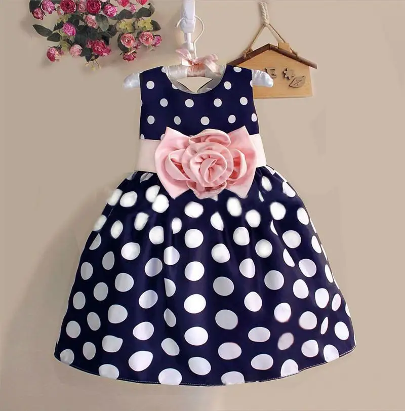 

2017 New Stylish Kids Toddler Girls Princess Dress Sleeveless Polka Dots Bowknot Dress! 2 color Top quality navy blue white