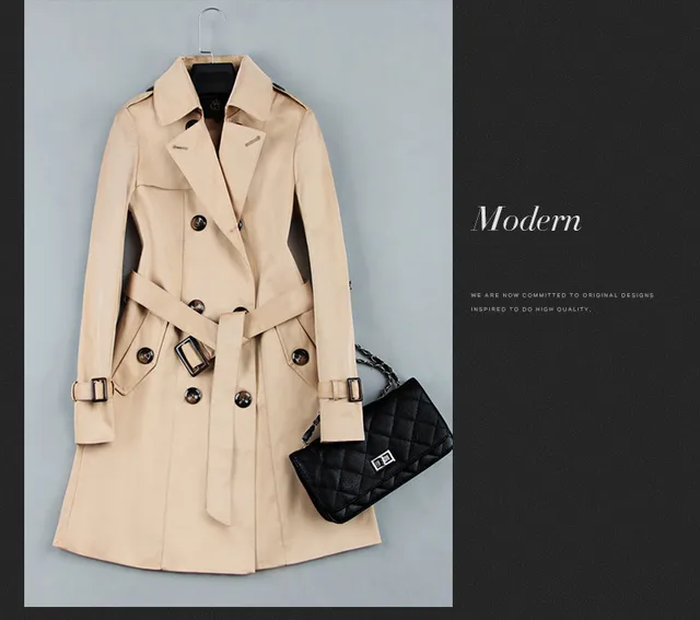 2017 nowy moda podwójny breasted Mid-Long Trench płaszcz kobiety khaki Slim Belt Cloak mujer WINDBREAKER kobieta Abrigos Brazylia LH810 -