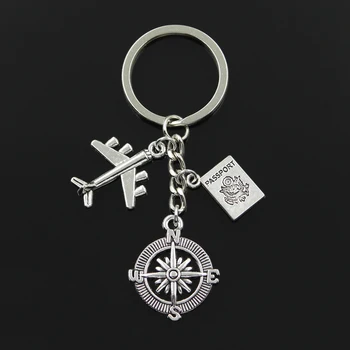 

Fashion 30mm Key Chain Keychain Jewelry Silver Color Aircraft Airplane Compass Passport Travel Journey Pendant