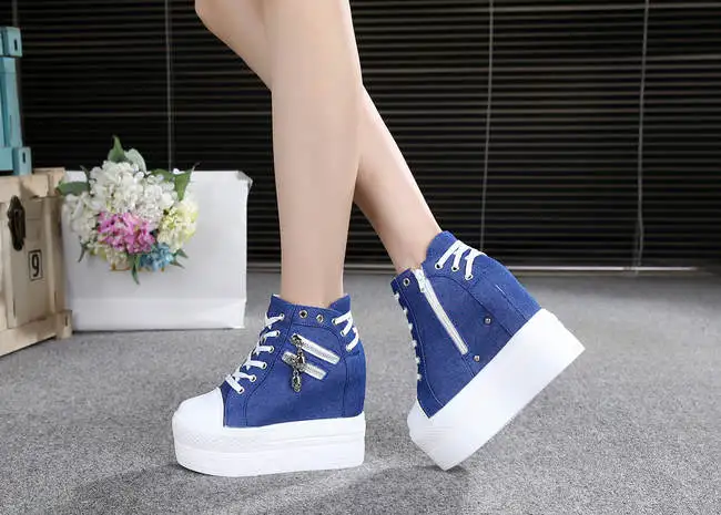 Fashion Autumn High Heel Casual Shoes Canvas Women Shoes Lace-Up Breathable Women Sneakers Zipper Platform Ladies Shoes Women