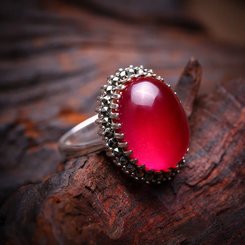 Elegant Gemstone Rings For Women Real 925 Sterling Silver Jewelry Retro Garnet Ring Anniversary Gift Adjustable Ring