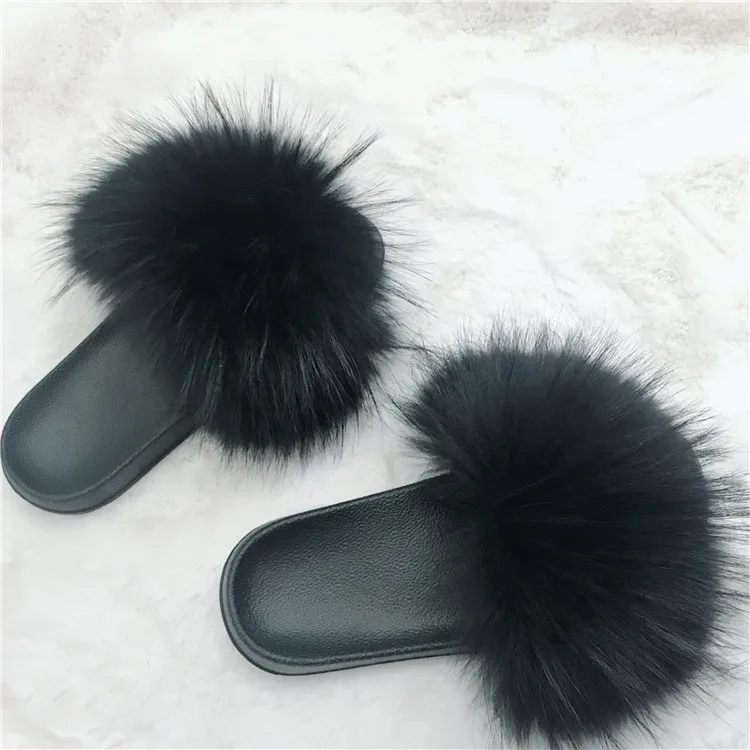 Real Raccoon Fur Slippers Women Sliders Casual Fox Hair Flat Fluffy Fashion Home Summer Big Size 45 Furry Flip Flops Shoes