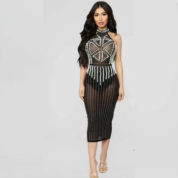

Fashion Sexy Elegant Black Beads Sleeveless Diamonds 2018 Women Sexy Bodycon Clubwear Good Quality Vestidos Wholesale Pearl