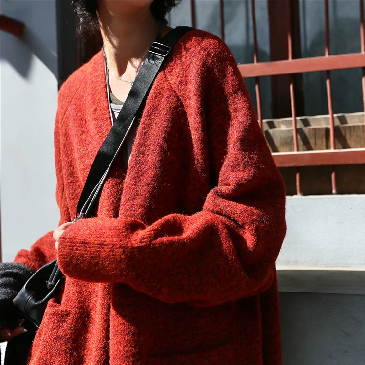 GETSPRING Women Sweater V-Neck Knitting Cardigans Long Sleeve Knit Sweater Dark Green Orange Long Sweaters Womens Autumn