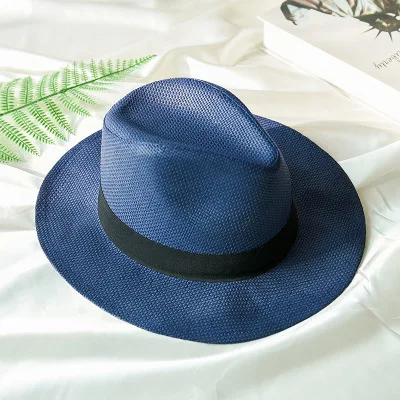 Новые Летние головные уборы для мужчин и женщин Соломенная Панама, шляпы однотонные простые с широкими полями пляжные шляпы с лентой унисекс шляпа от солнца Fedora - Цвет: Navy