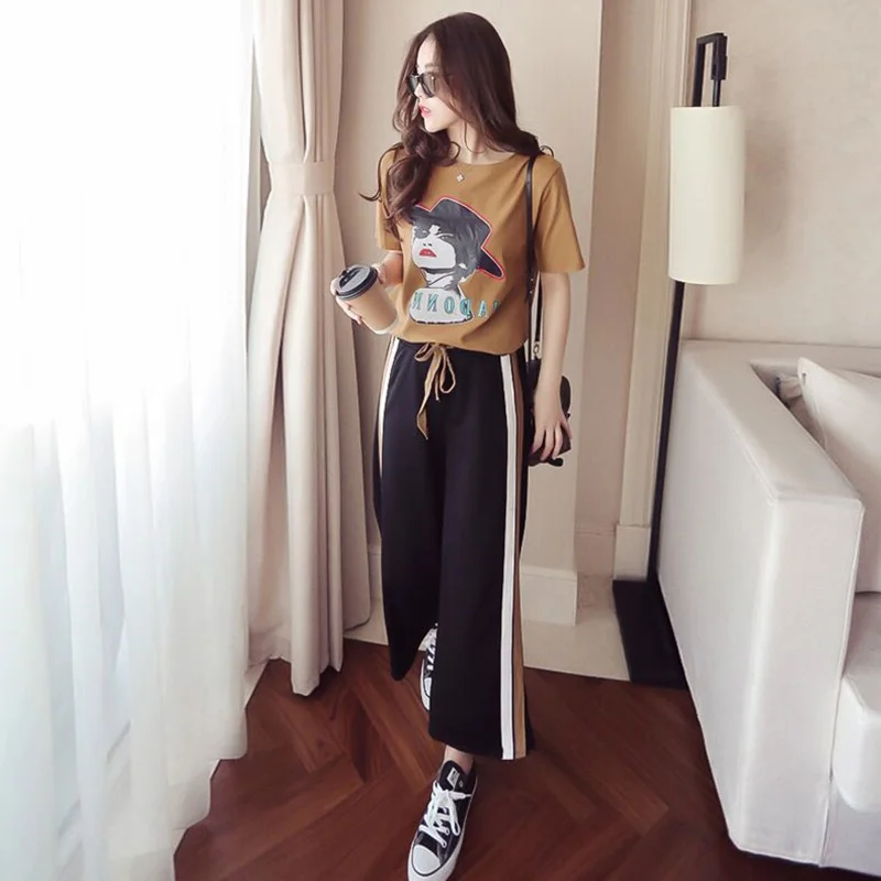 

Mr.nut summer two-piece female 2019 new Korean casual student fashion short-sleeved T-shirt + wide leg pants sports suit tide