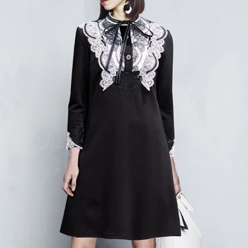 

New Designer Women Lace Appliques Dress Fashion Long Sleeve Black Dresses