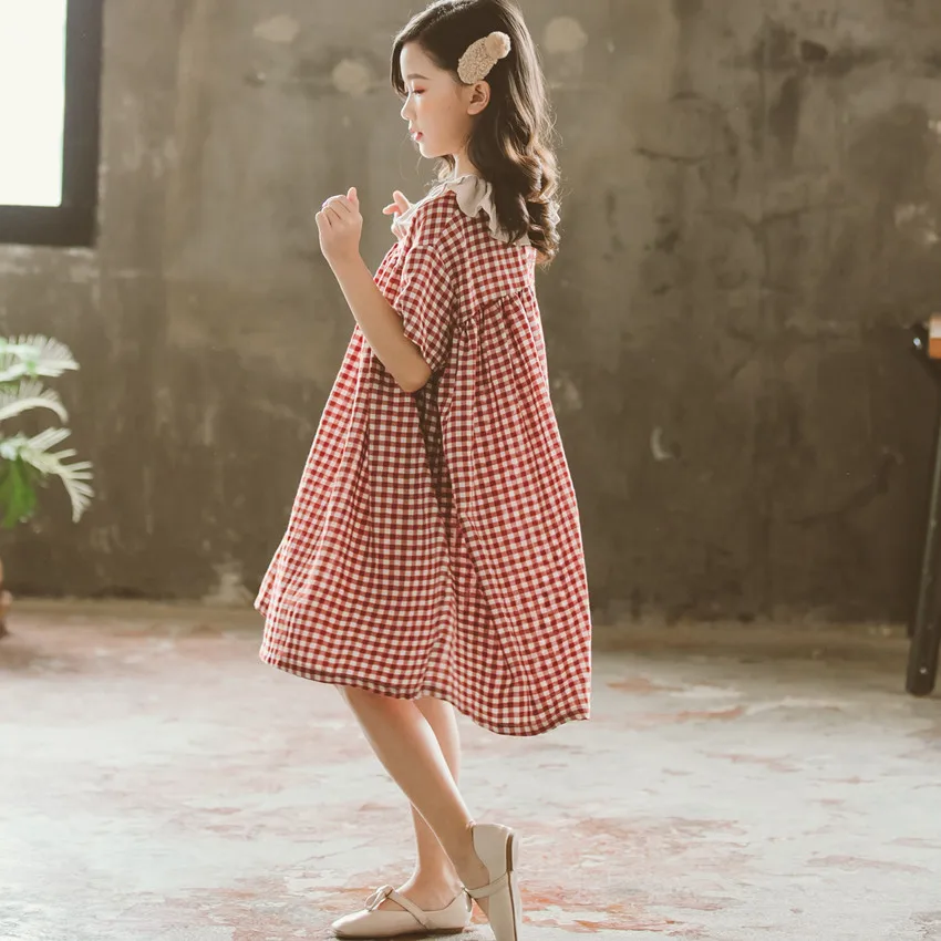 Новое летнее свободное платье для детей корейское платье для маленькой принцессы Новинка года, детское летнее платье в клетку для девочек воротник Питер Пэн#5235
