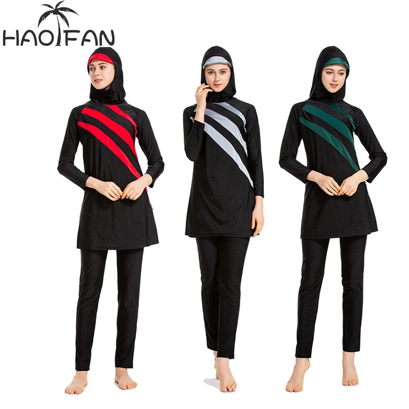 

HAOFAN Women Modest Patchwork Plus Size Floral Muslim Swimwear Hijab Muslimah Islamic Swimsuit Swim Surf Wear Sport Burkinis