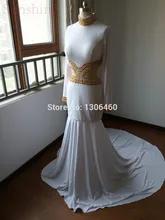 Elegante Lange Abendkleider 2015 Tatsächliche bilder Weiß Prom Kleid Mit Gold Perlen Mermaid Long Sleeve High Neck Abendkleid