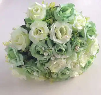 

One Bouquet (24 heads / Piece) 35cm Long Artificial Wedding Rose Bouquet Flowers with Pearls for Wedding Party Decorations