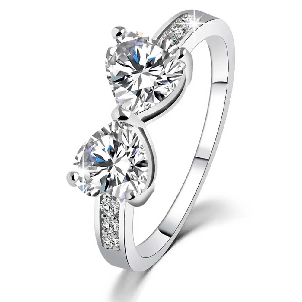 

2 Hearts Shaped Silver Plated Jewelry Ring Antique CZ Rhinestone Crystal Wedding Band Engagement Rings For Women Girls