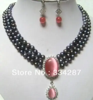 

3ROW BLACK PEARL Pink OPAL PENDANT NECKLACE EARRING set