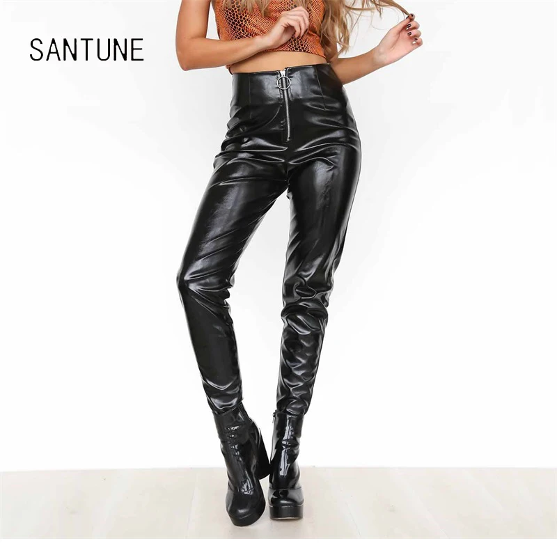 SANTUNE Autumn PU Leather Pants Double Zipper Tight Waist Women High