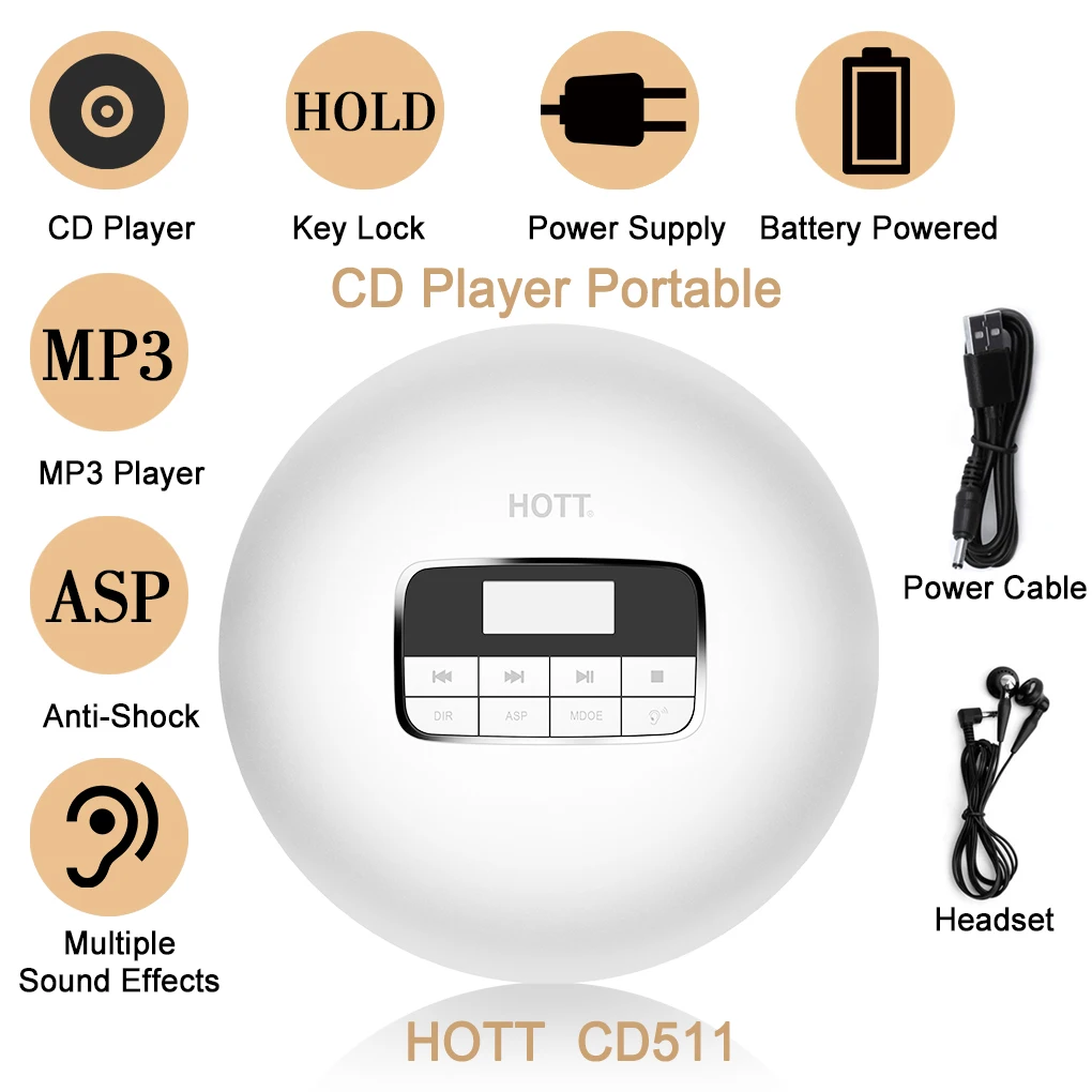 Портативный CD плеер HOTT CD511 ЖК дисплей анти Скип автомобильный AUX mp3 плеер|CD-плееры|