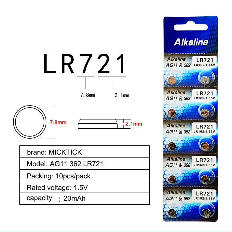 10 шт./лот 1 карты AG11 кнопки батареи для монет LR721 G11 LR58 162 GP62A 362 SR721W 5 V щелочные часы