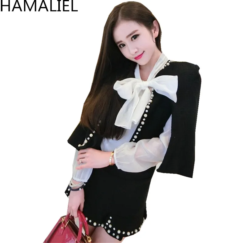 

JSXDHK Luxury Winter 3 Piece Set 2018 Runway Women Chiffon White Bow Blouse + Beading Wool Tweed Cloak Coat + Short Skirt Suits