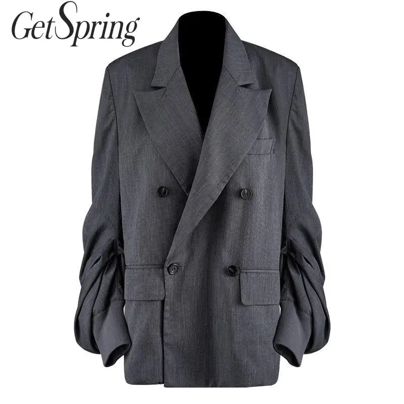 

GetSpring Women Blazer Wrinkles Lantern Sleeve Double Breasted Blazer Plaid Long Sleeve Ladies Coat Long Jaket Women Suit Coat