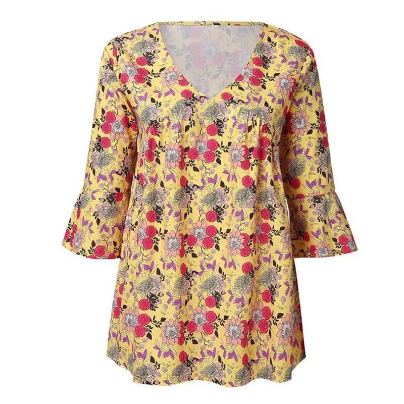 

Fashion 5Xl Plus Size 2019 Summer Women Printed Blouses Loose V-Neck Flare Sleeve Casual Tops