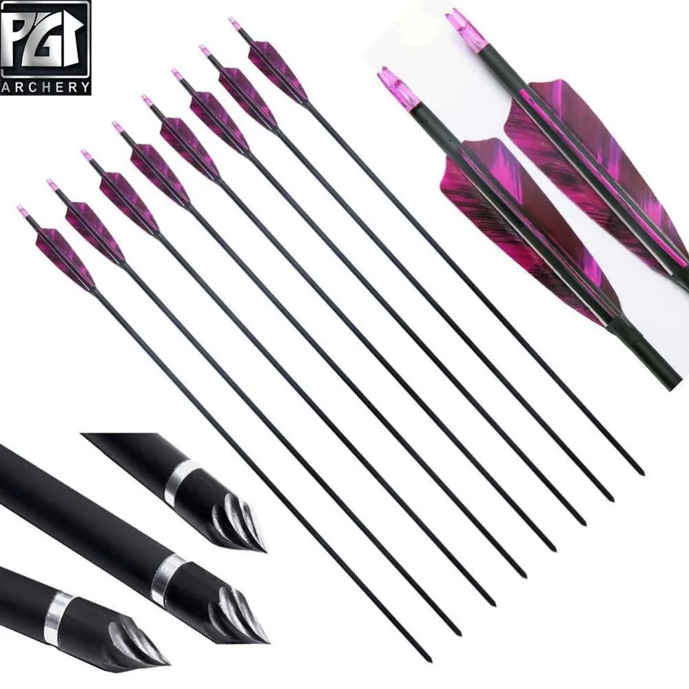 

PG1ARCHERY 30 Inch Carbon Arrows with 4 Inch Shield Turkey Feathers Fletching & Removable Points Tips for Archery Hunting Bow