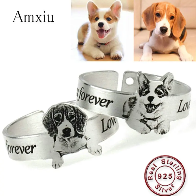 Amxiu Personalized Family Picture Ring 925 Sterling Silver Open Ring Custom Pet Cat Dog Photo Rings For Men Women Souvenirs Gift