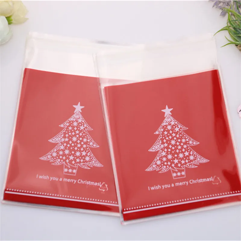 

New Design 100pcs/lot 10x13cm Red New Year Gift Packaging Bags For Candy With Christmas Tree Christmas Bags For Cookies