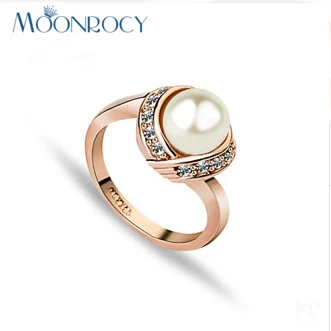 

MOONROCY Drop Shipping Rose Gold Color CZ Imitation Pearl Ring Crystal Rings Jewelry Wholesale for Women ITALINA Jewelry Gift