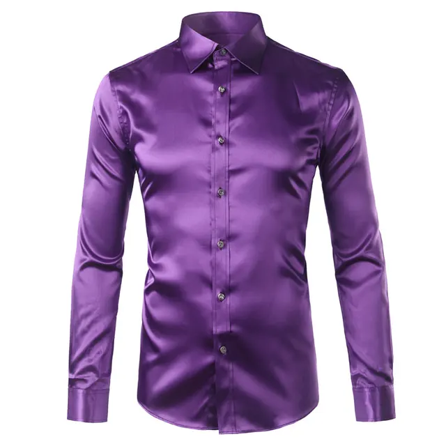 Purple Silk Satin Shirt Men 2018 Brand New Smooth Tuxedo Dress Shirts ...
