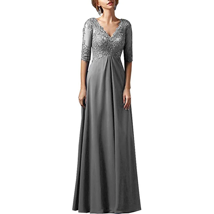 

Women Chiffon With Lace Beadings V Neck Half Sleeves Mother Of Bride Dress Long Plus Size Evening Dress Vestidos Madre Novia
