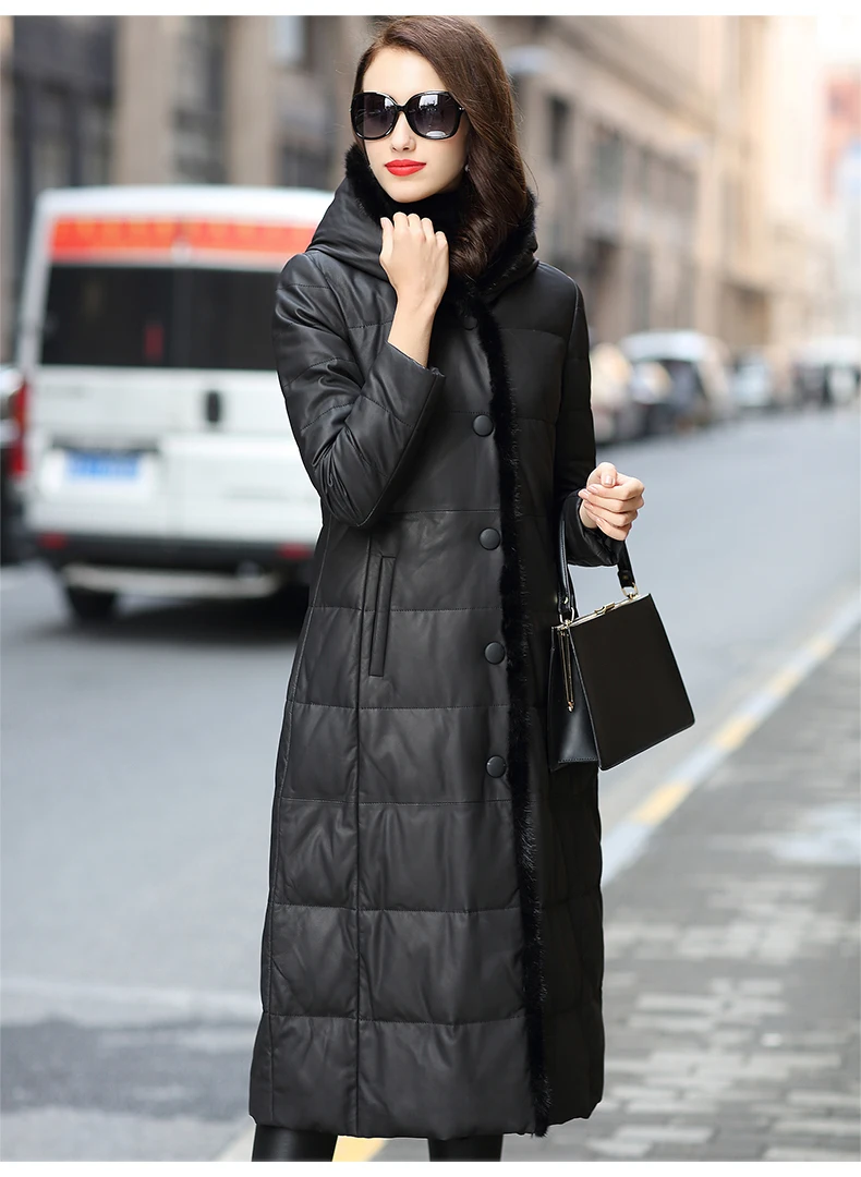 Длинная куртка из натуральной кожи, женская зимняя куртка из овчины, пуховик с капюшоном из натуральной кожи, куртка для HQ18-BS18399B, KJ2494