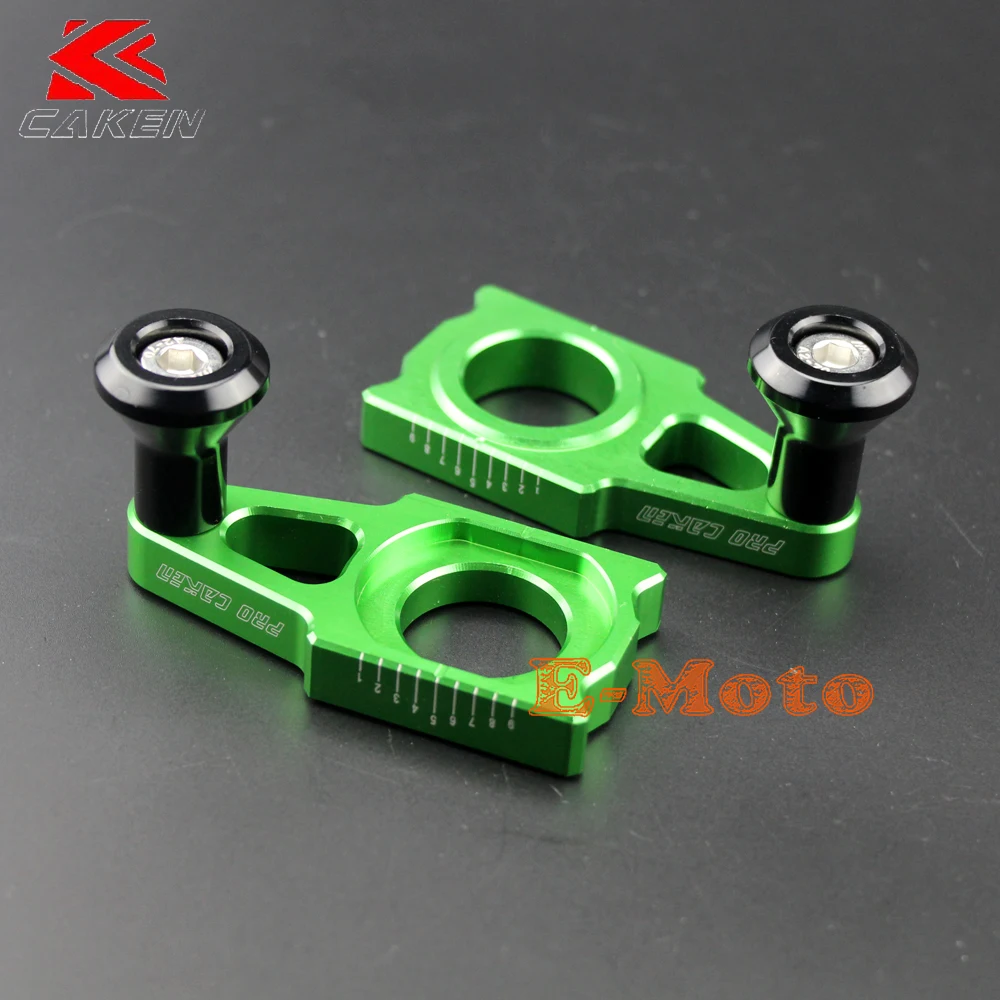 Green CNC Rear Chain Adjuster Axle Blocks With Spool Slider For KX125 KX250 KX250F KX450F