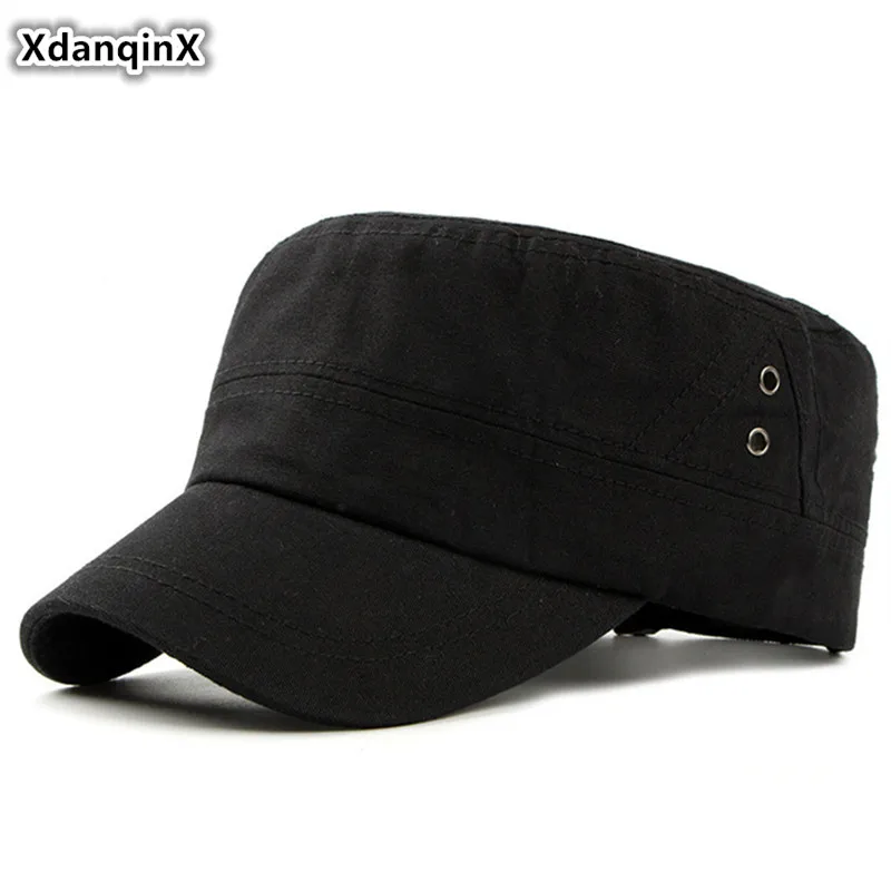 

XdanqinX Adult Men's Flat Cap 100% Cotton Army Military Hats Adjustable Size Simple Solid Fashion Tongue Dad's Caps Snapback Cap