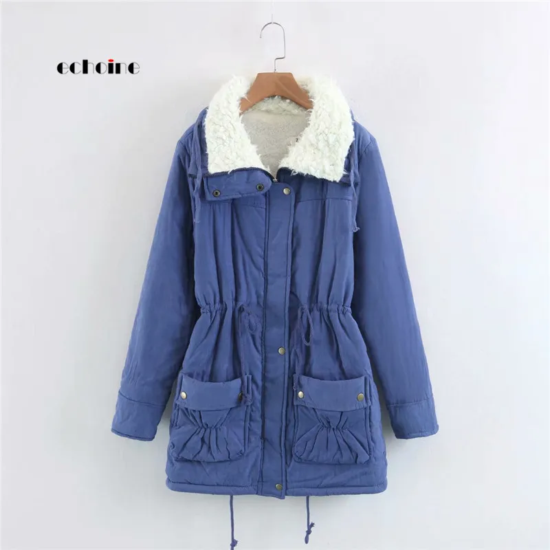 

Echoine Women Coat Long Sleeve Turn-Down Neck Zipper Button Warm Cashmere Plus Size Fashion Thick Cotton Jacket Female Outerwear