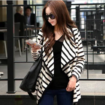 

2016 New Women Fashion Casual Cardigan Long Sleeve Striped Peplum Tops