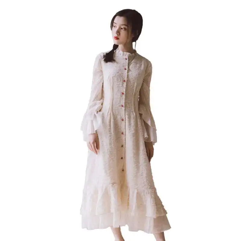 Automne Longue Féminine Dames Douille Femmes V531 Fusée Mousseline Maxi Solide Robe De Vintage Élégante Broderie Soie En Robes Hiver Mince pqwnqzO7d