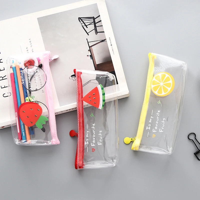 

1pc Transparent PVC Watermelon Strawberry Pitaya Lemon Zipper Pencil Case Pen Box Pencil Bag Stationery Storage Box Girl Gift