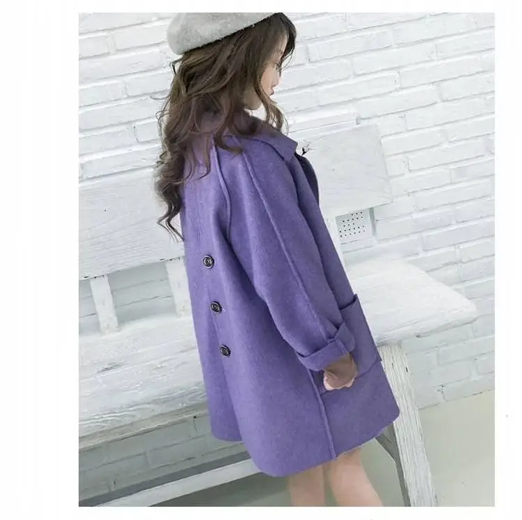 Детская куртка для девочек плотное шерстяное пальто с длинными рукавами однотонное пальто на пуговицах в Корейском стиле детская одежда для девочек от 6 до 10 лет - Color: Purple