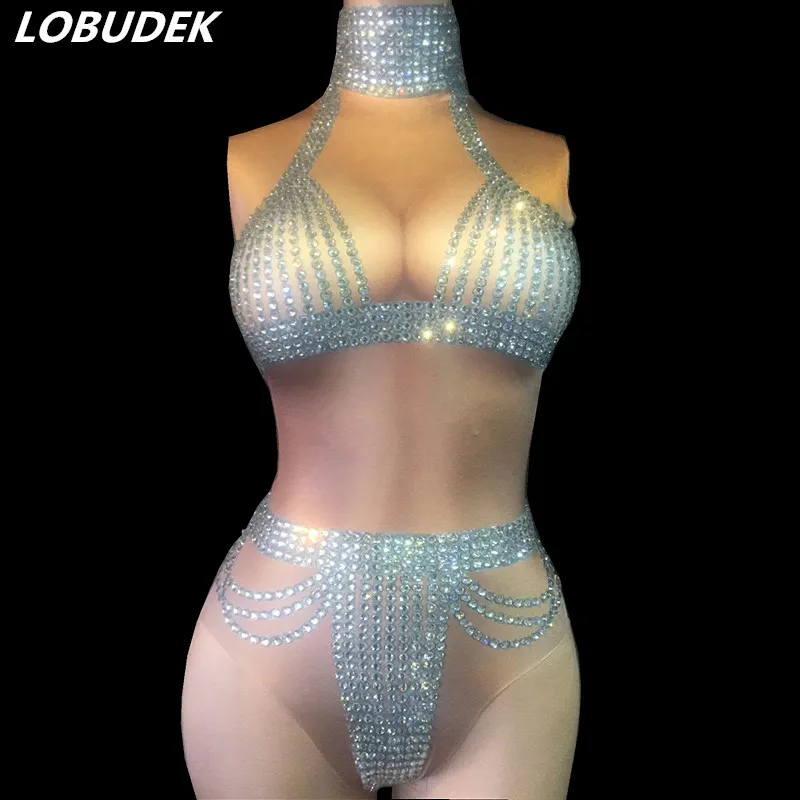 

Flash Silvery Crystals Stones Bodysuit Sexy Nightclub Women DJ Singer DS Costume Bar Party Dance Teams Pole Dancing Stage Wear