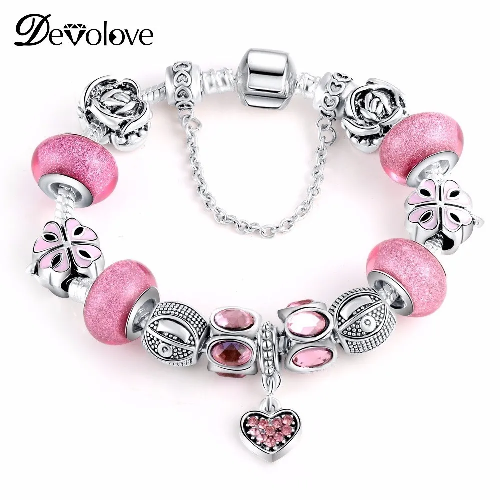 DEVOLOVESilver с сердцем и кулон цветок очарование Розовый муранского Стекло бусы